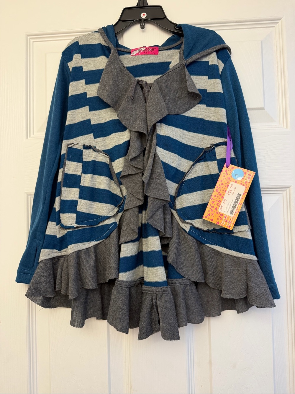 NWT Twirly Girl Cardigan 5 Blue Gray Stripe Ruffle Hoodie Pockets Boutique